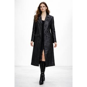 Jones New York Black Genuine Leather Trench Coat Women’s Medium Long Button Fron
